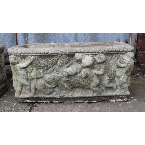 307 - Two stone troughs with cherub decoration 

Hx26cm
Wx55cm