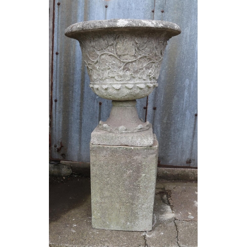 308 - A large reconstituted stone urn on pedestal base 

Hx114cm