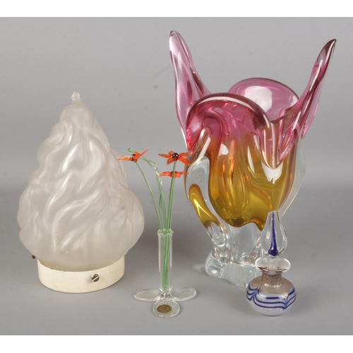 52 - Josef Hospodka Czechoslovakian vase, flame lamp shade, Suffolk studio glass posy vase and a scent bo... 