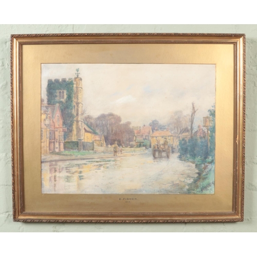 322 - Edith Fisher (late Nineteenth Century); a gilt framed watercolour artwork depicting a village scene,... 