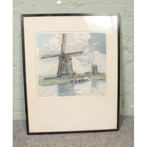 323 - Hans Figura (1898-1978) limited edition framed etching of a Dutch Windmill scene, signed to lower ri... 