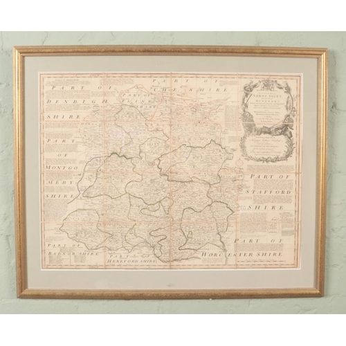 337 - After  Emmanuel Bowen (1694-1767), a large framed colour engraving, map of Shropshire.