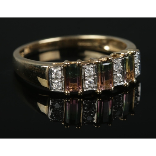 342 - A 9ct Gold ring, set with 'watermelon' bi-coloured tourmaline stones between rows of two diamonds. S... 