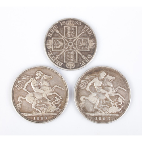 354 - Three Victorian silver coins; two crowns dated for 1889 and 1893 and an 1889 double florin. The 1893... 