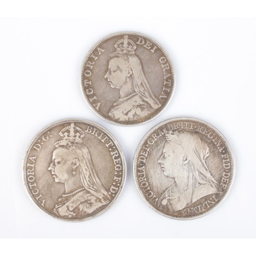 354 - Three Victorian silver coins; two crowns dated for 1889 and 1893 and an 1889 double florin. The 1893... 