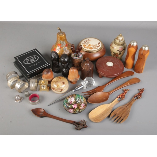 61 - A box of collectables. Includes bakelite County Borough of Doncaster box, Dalvey Pocket Cup flask, e... 