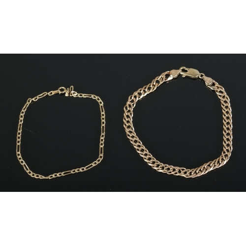 370 - Two 9ct gold bracelets to include curb link example. Total weight 8.6g.