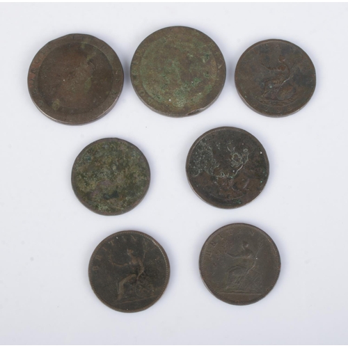 374 - A collection of George III pennies to include two 1797 cartwheel penny examples.