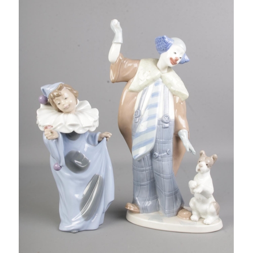 408 - A large Nao by Lladro clown with dog figure with another clown with flower figure