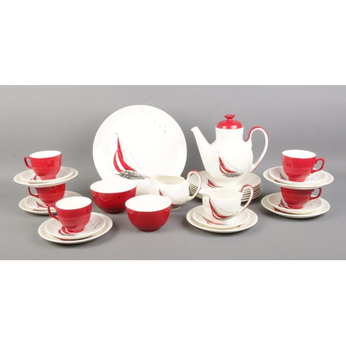 8 - A mid-century Palissy tea service in the Red Regatta design. To include teapot, sugar bowl, milk jug... 