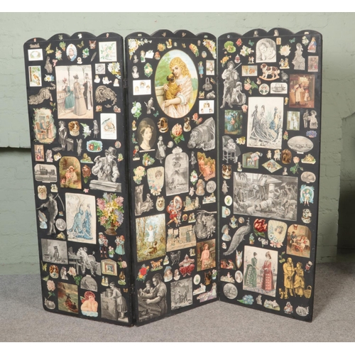 448 - A Victorian double sided painted three fold modesty screen,  decoupaged using an assortment of scrap... 