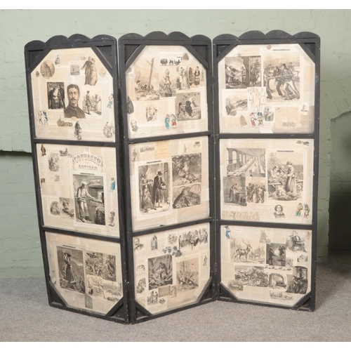 448 - A Victorian double sided painted three fold modesty screen,  decoupaged using an assortment of scrap... 