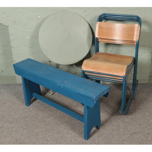 484 - A set of four metal and plywood school chairs with a small pine bench and folding metal garden table