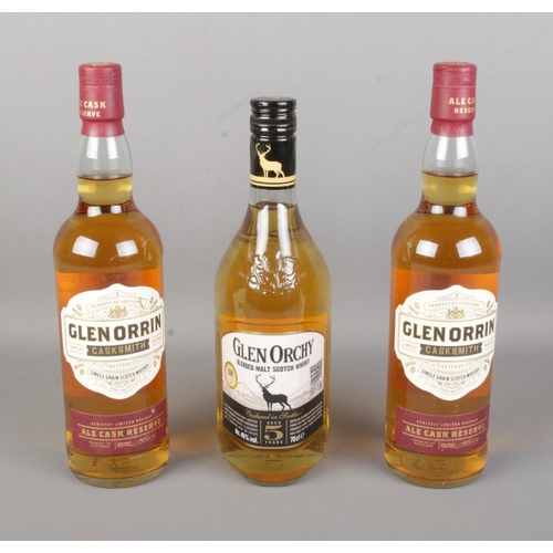 91 - Three bottles of scotch whisky to include two bottles of Glen Orrin Ale Cask Reserve and one bottle ... 