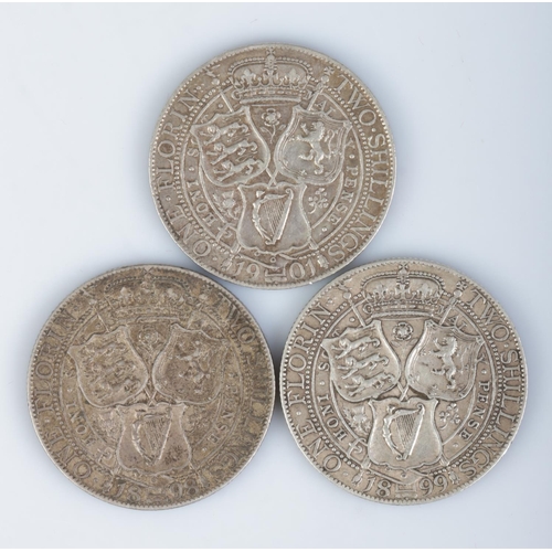 400 - Three Victorian old veil bust silver florins, 1989, 1899 and 1901.