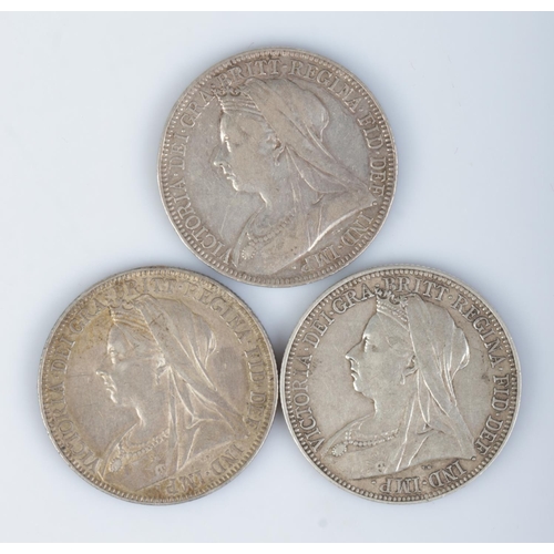 400 - Three Victorian old veil bust silver florins, 1989, 1899 and 1901.