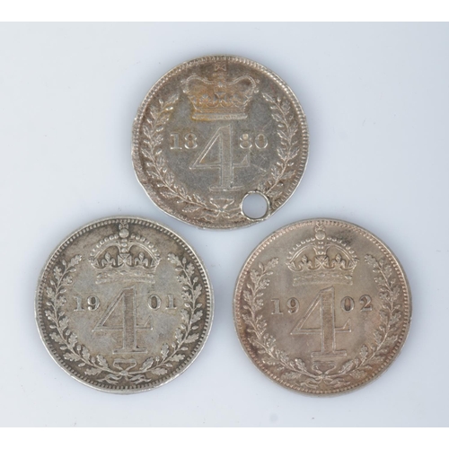 418 - Three silver maundy four pence. Includes Victoria 1880, 1901 and Edward VII 1902.