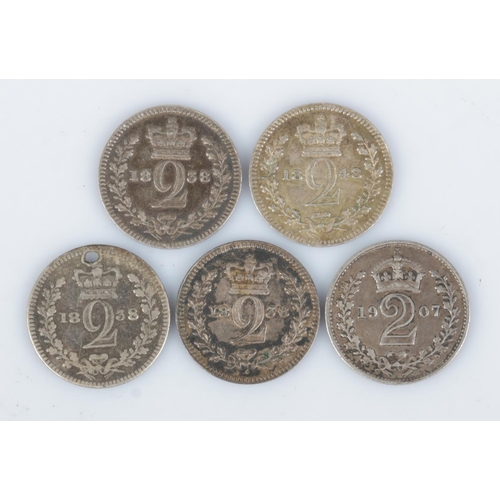 419 - Five silver two pence. Includes Victoria 1838 (3), 1848 and Edward VII 1907.