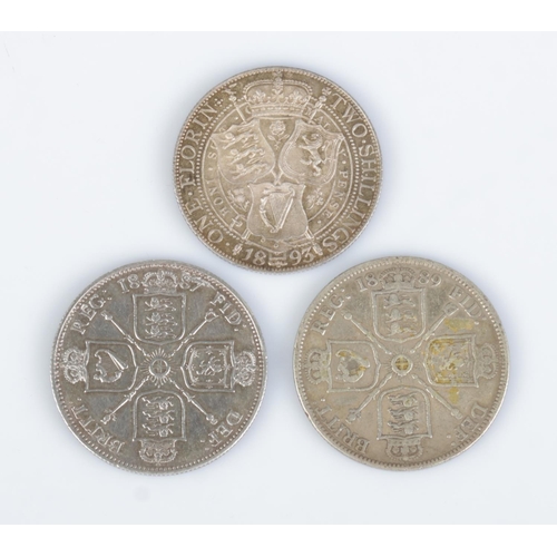 422 - Three Victorian silver florins, dated 1887, 1889 and 1893.