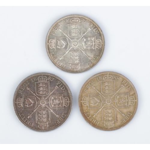 423 - Three Victorian silver florins, two dated 1887, the other 1888.