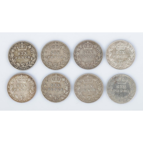 426 - Eight Edward VII silver sixpence. 1902, 1903, 1904, 1907 (3), 1908, 1910.