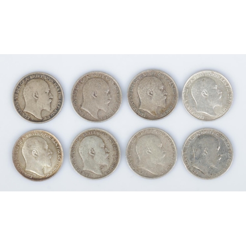 426 - Eight Edward VII silver sixpence. 1902, 1903, 1904, 1907 (3), 1908, 1910.