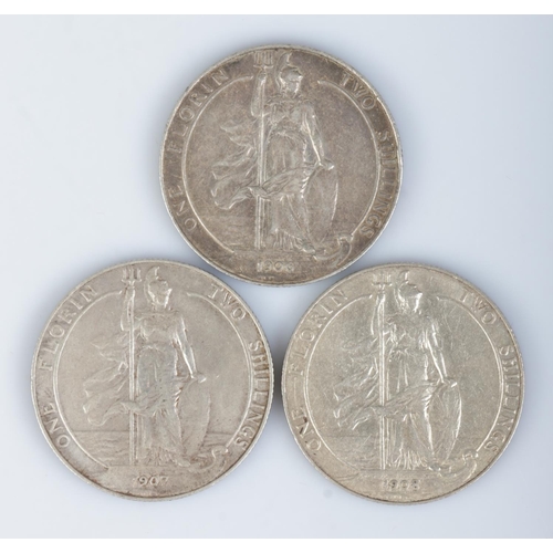 431 - Three Edward VII silver florins; 1906, 1907 and 1908.