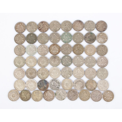 440 - Fifty seven George V and George VI silver threepence. Dates ranging from 1921-1944.