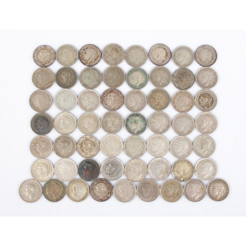 440 - Fifty seven George V and George VI silver threepence. Dates ranging from 1921-1944.