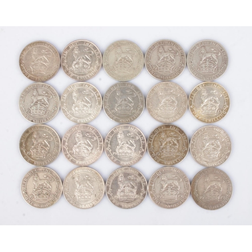 447 - Twenty George V silver shillings. Consecutive run with duplicates 1911-1919.