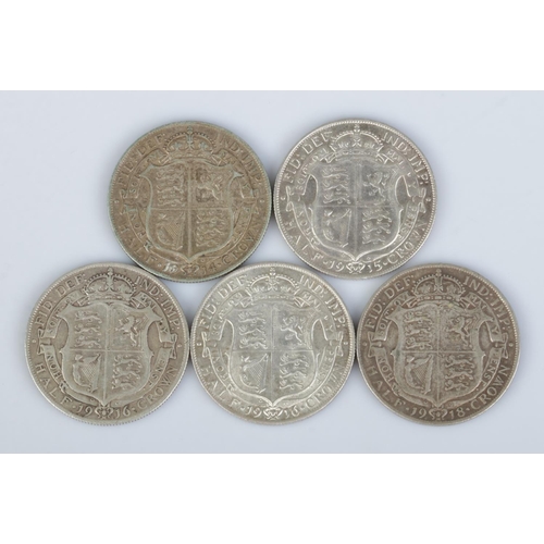 458 - Five George V halfcrown coins; 1914, 1915, 1916 (2) and 1918.