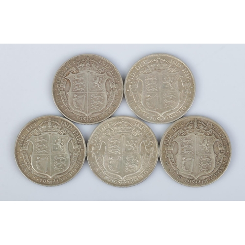 459 - Five George V halfcrown coins; 1914, 1915 (2), 1916 and 1918.