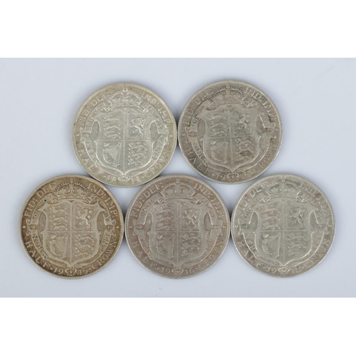 460 - Five George V halfcrown coins; 1914, 1915 (2), 1916 and 1918.