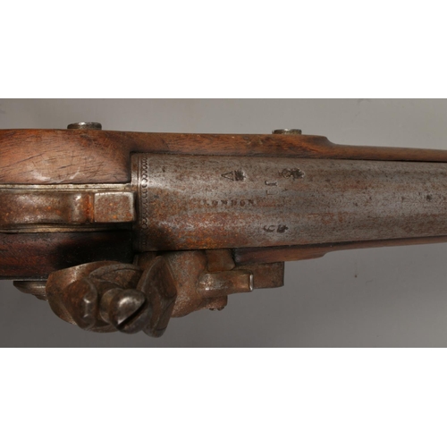 111 - A 19th century flint lock pistol. The lock plate stamped for Wheeler and the barrel having London pr... 