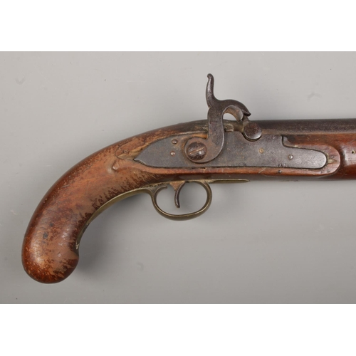 113 - A 19th century percussion pistol. Having proof marks to barrel. Barrel length 22cm. CAN NOT POST OVE... 