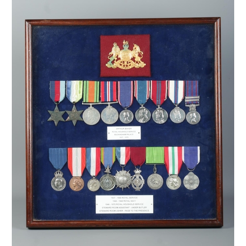 138 - A cased display of eighteen medals awarded to Arthur Baker, including World War Two and Royal Househ... 