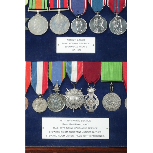 138 - A cased display of eighteen medals awarded to Arthur Baker, including World War Two and Royal Househ... 