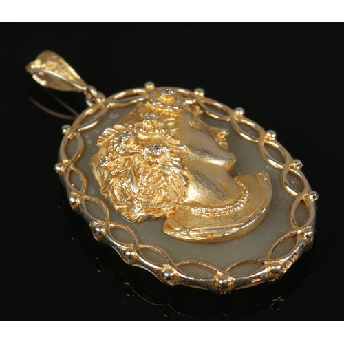 156 - A 9ct gold, agate and diamond pendant, portrait of a maiden in high relief. Assay marks for London 1... 