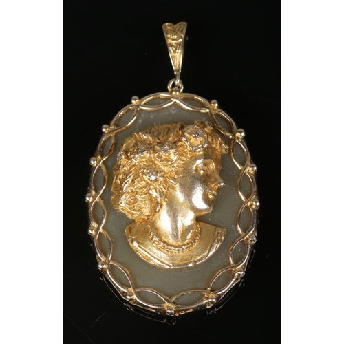 156 - A 9ct gold, agate and diamond pendant, portrait of a maiden in high relief. Assay marks for London 1... 