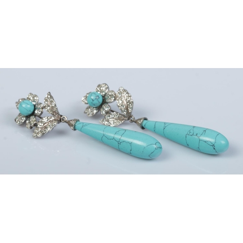 160 - A pair of silver, paste and turquoise drop earrings. Drop length approximately 6.5cm.