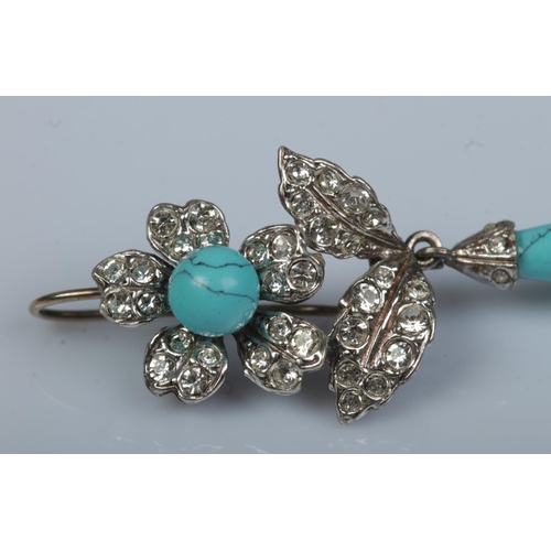 160 - A pair of silver, paste and turquoise drop earrings. Drop length approximately 6.5cm.