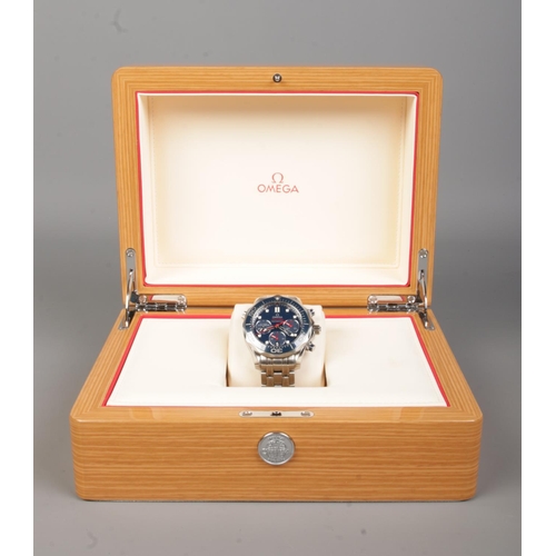 207 - A stainless steel Omega Seamaster Professional automatic chronograph wristwatch. Having blue bezel a... 