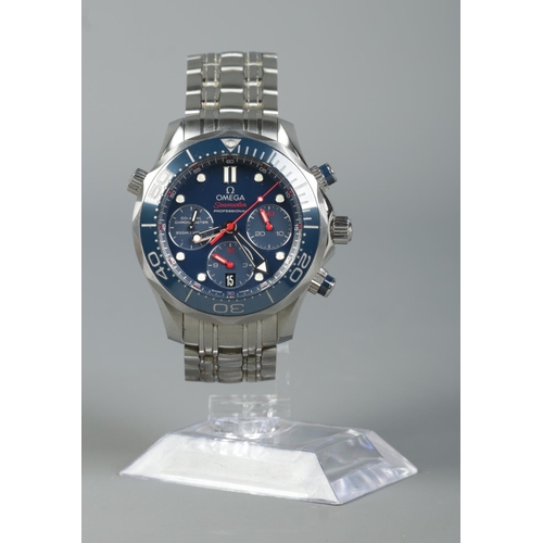 207 - A stainless steel Omega Seamaster Professional automatic chronograph wristwatch. Having blue bezel a... 