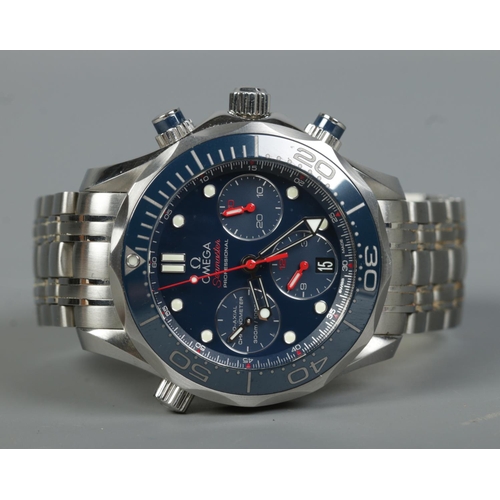 207 - A stainless steel Omega Seamaster Professional automatic chronograph wristwatch. Having blue bezel a... 