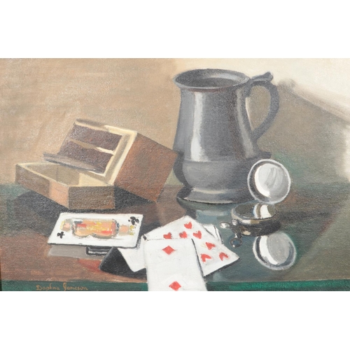 208 - Daphne Jameson (1942–2018), a framed oil on canvas, still life with tankard, playing cards and other... 