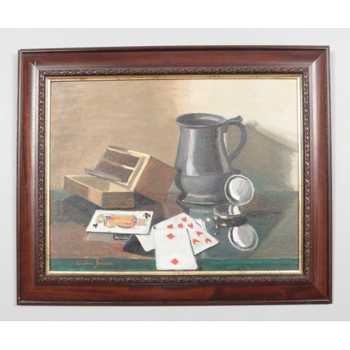 208 - Daphne Jameson (1942–2018), a framed oil on canvas, still life with tankard, playing cards and other... 