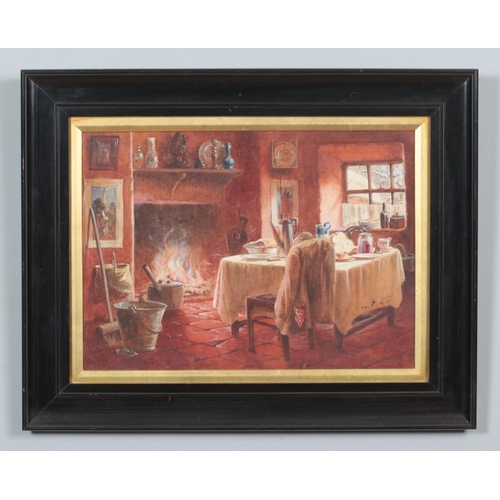 209 - An ebonised framed watercolour, interior scene, with set table next to a fireplace. Signed indistinc... 