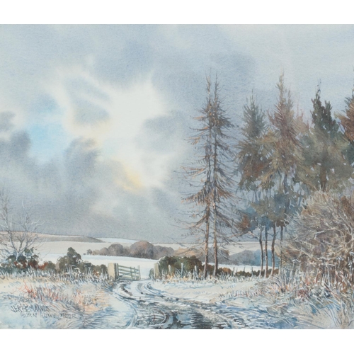 210 - John Freeman (1942-), a framed watercolour, winter landscape scene, Burn Howe Moor. 21cm x 25cm.