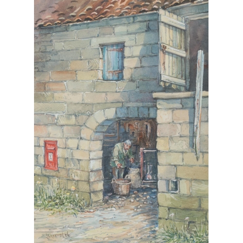 211 - John Freeman (1942-), a framed watercolour, worker at a mill, titled to the back Doorway. 20cm x 14c... 