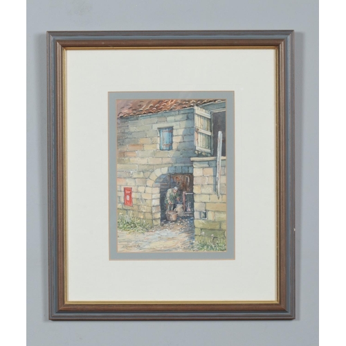 211 - John Freeman (1942-), a framed watercolour, worker at a mill, titled to the back Doorway. 20cm x 14c... 